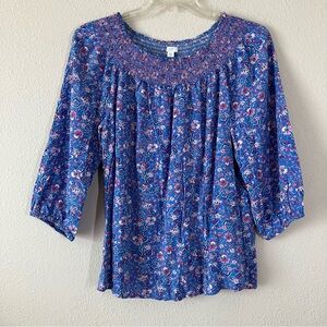 J JILL Peasant Blouse Blue Floral Boho Top XL Balloon Sleeves Spring Cottagecore